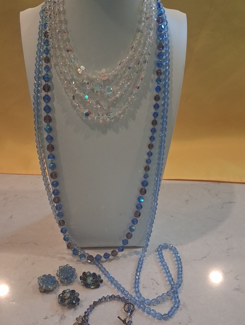 Elegant Blue Crystal/Glass & Clear AB Crystal Multi-Strand Necklace